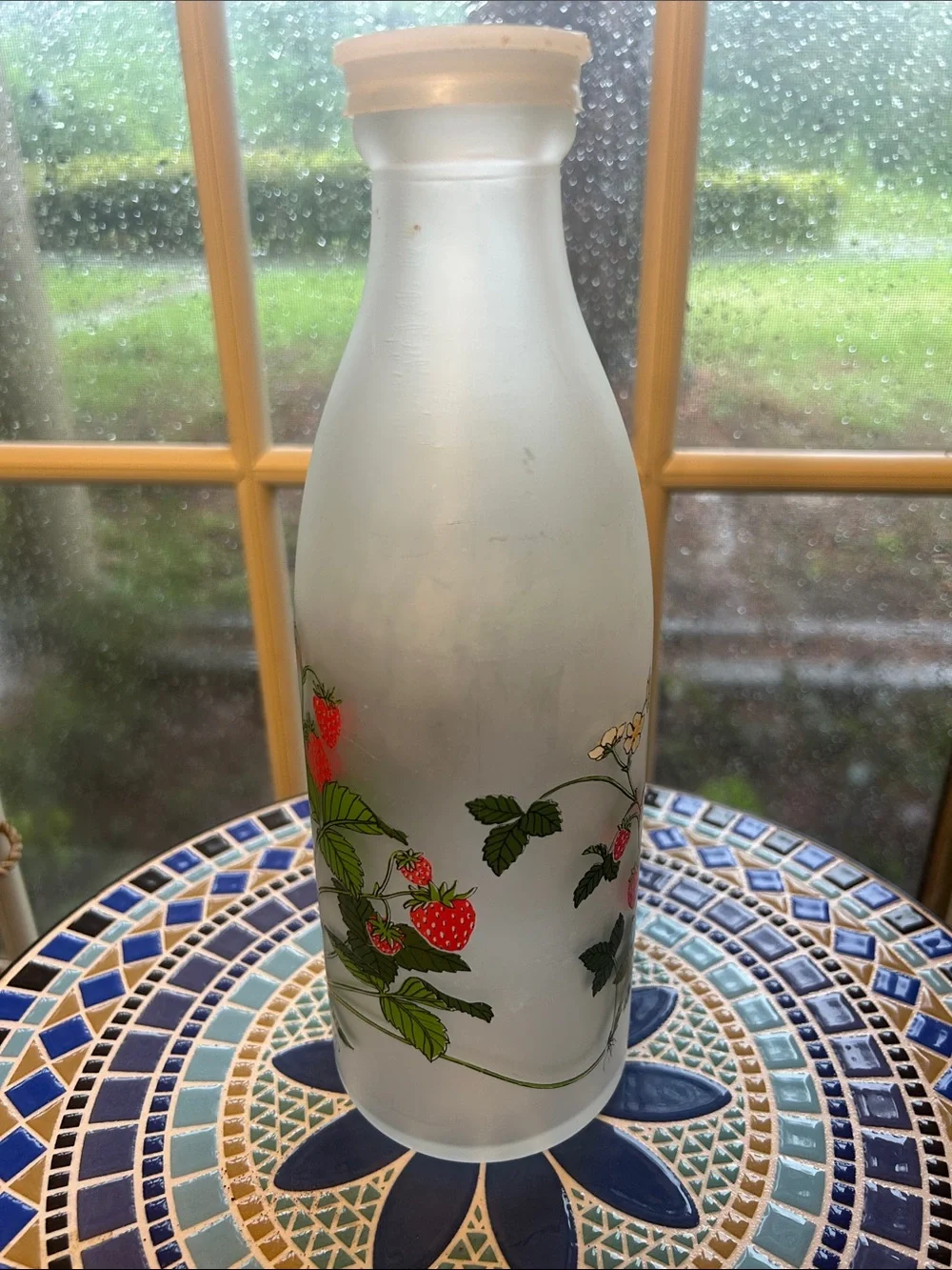 Tall Frosted Milk Bottle with Strawberries, Vines and Blossoms
